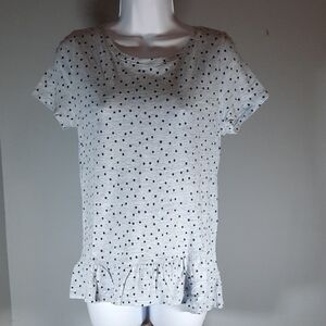 Talbots Light Blue With Black Polka Dot Ruffle Top